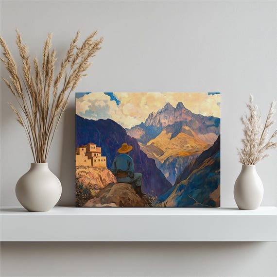 Andean Mountain Vista Canvas Wall Art Traveler Overlooking Village Canyon Landscape Peaks And Blue Valley For Rustic Adventure Decor