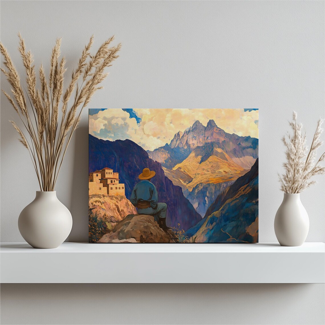 Mountain Vista Traveler Overlooking Andes Village Canvas Poster