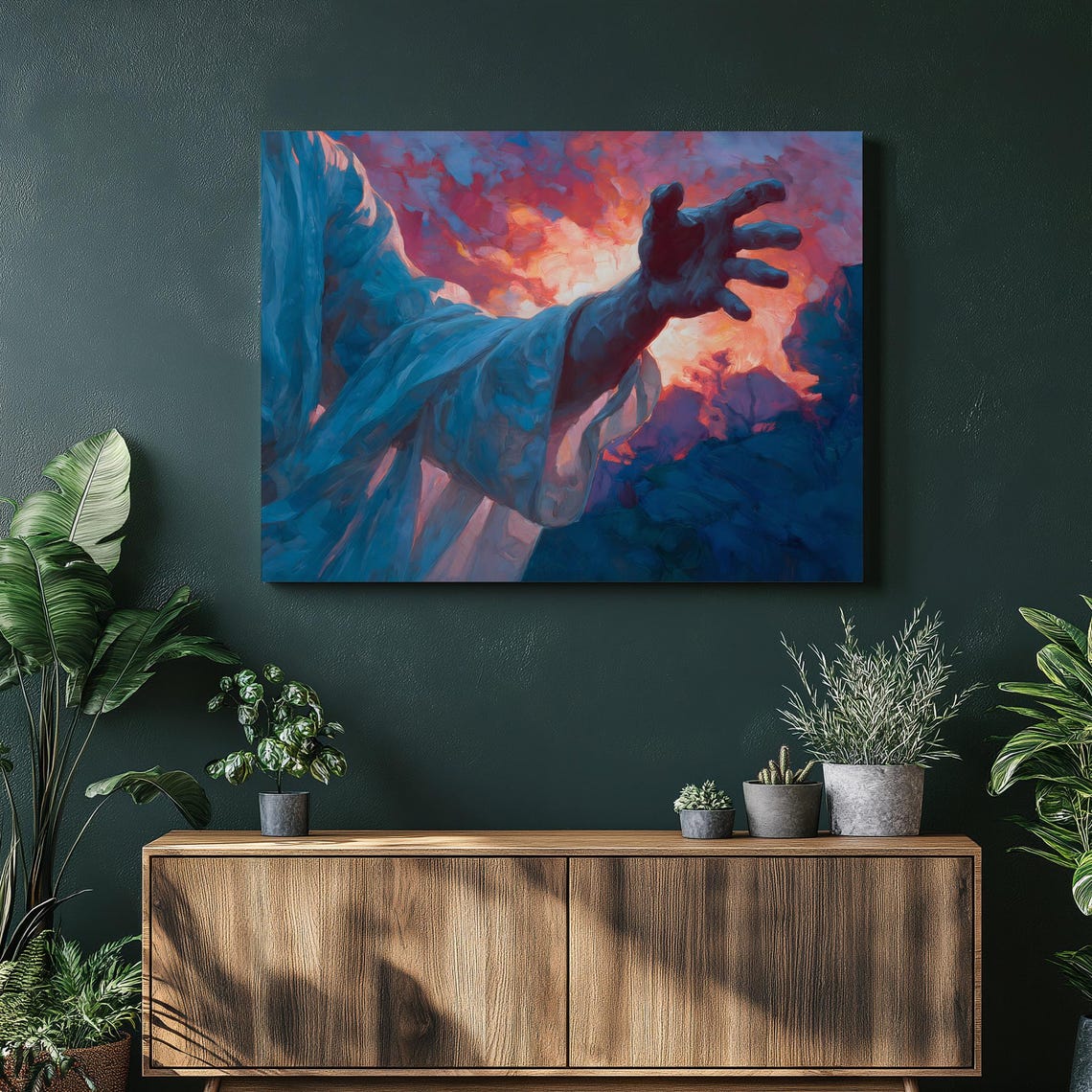 Reaching Hand at Sunset Fiery Sky Expressionist Painting Poster