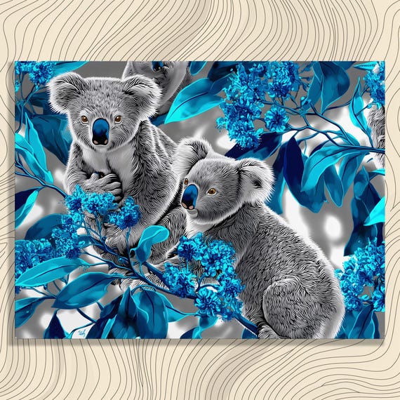 Colorful Koala Canvas Wall Art Blue Eucalyptus Leaves Australian Wildlife Print Modern Animal Illustration Forest Scene Artwork