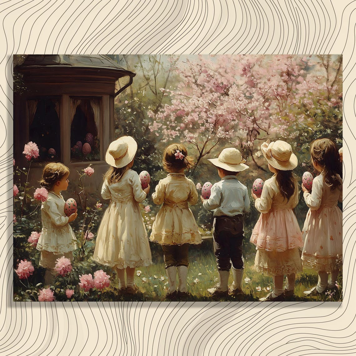 Vintage Easter Egg Hunt Children Painting Poster Spring Decor