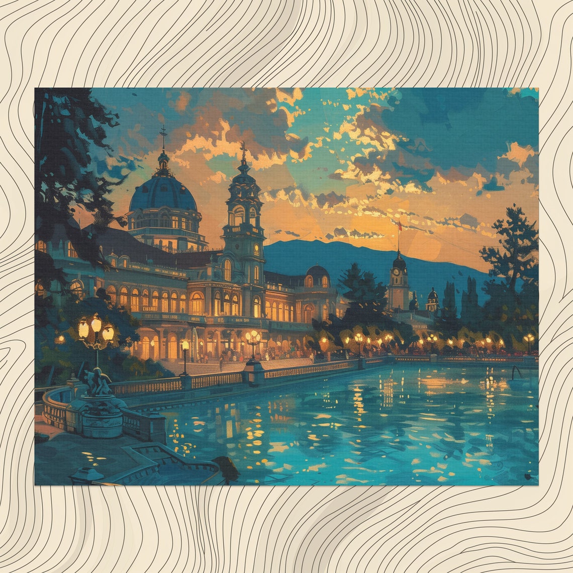 Budapest Thermal Baths Sunset Poolside Cityscape Painting Poster