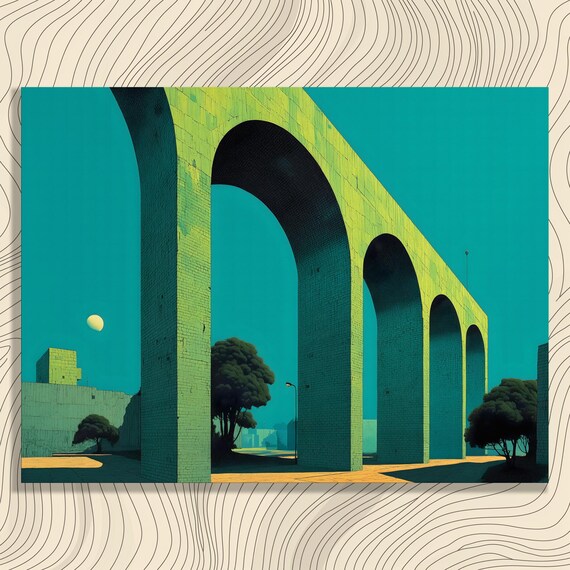 Surreal Landscape Canvas Wall Art Teal Sky Moon Arch Print Modern Abstract Decor Dreamlike Painting Stone Arches Lunar Eclipse