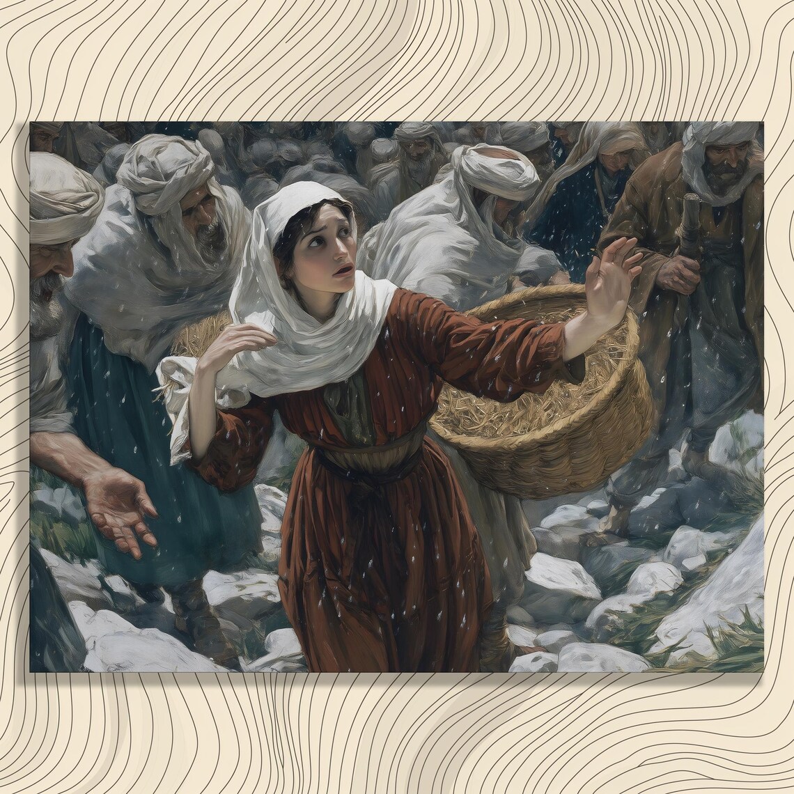 Biblical Harvest Canvas Wall Art Rustic Traditional Gleaning Scene Wheat Field Snowfall Peasant Woman Christian Home Scripture Decor