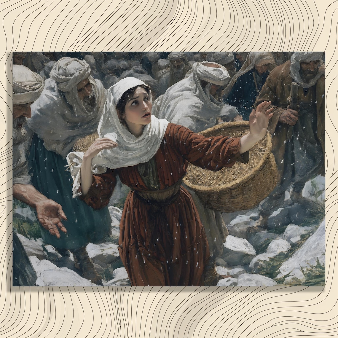 Woman with Basket in Crowd Snow Dramatic Oil Painting Poster