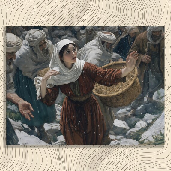 Biblical Harvest Canvas Wall Art Rustic Traditional Gleaning Scene Wheat Field Snowfall Peasant Woman Christian Home Scripture Decor