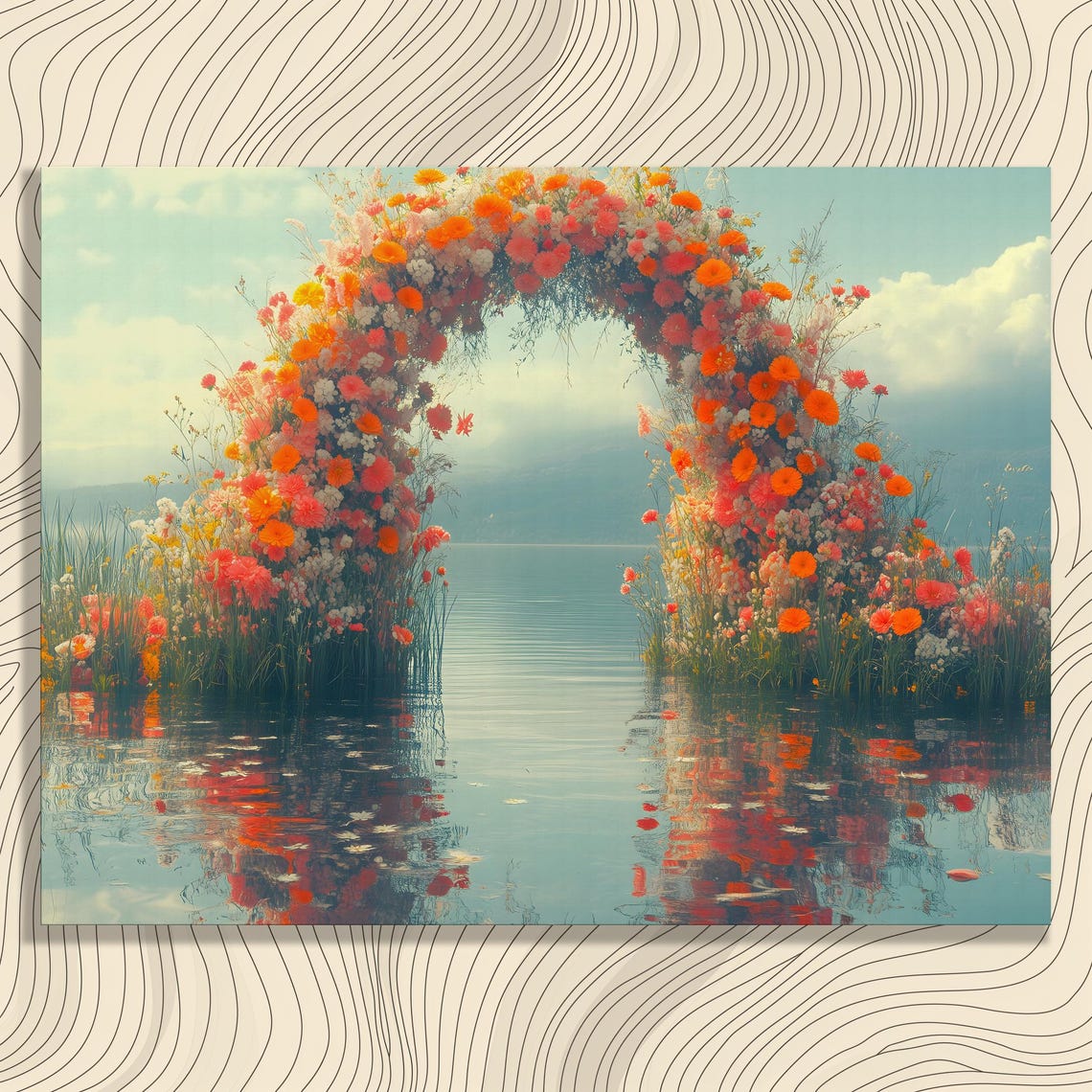 Floral Arch Over Calm Lake Reflection Colorful Surreal Flower Poster