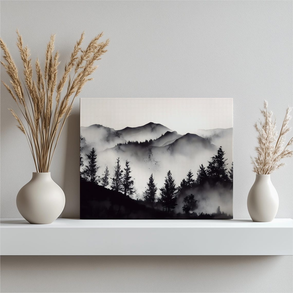 Black and White Misty Pine Forest Mountain Ink Painting Poster