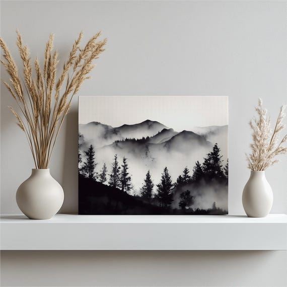 Misty Mountain Canvas Wall Art Black White Print Minimalist Ink Wash Landscape Pine Forest Foggy Silhouette Monochrome Nature Decor