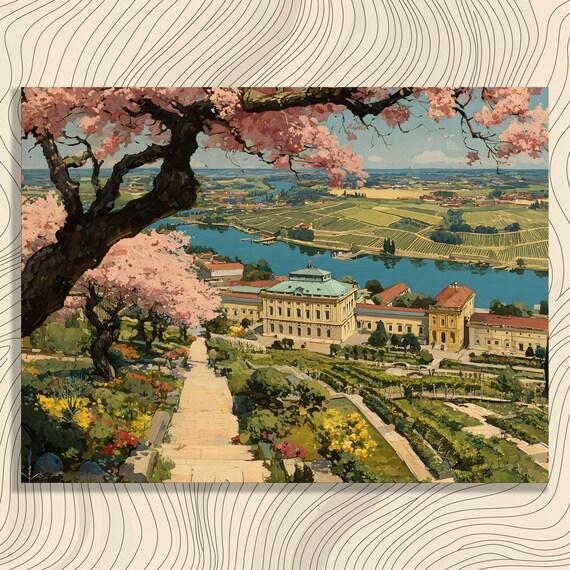 Cherry Blossom Palace Garden Spring Landscape Colorful Scenic Art Poster