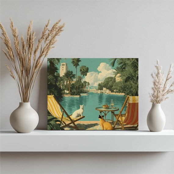 Tropical Cats Poolside Turquoise Lagoon Retro Coastal Art Print