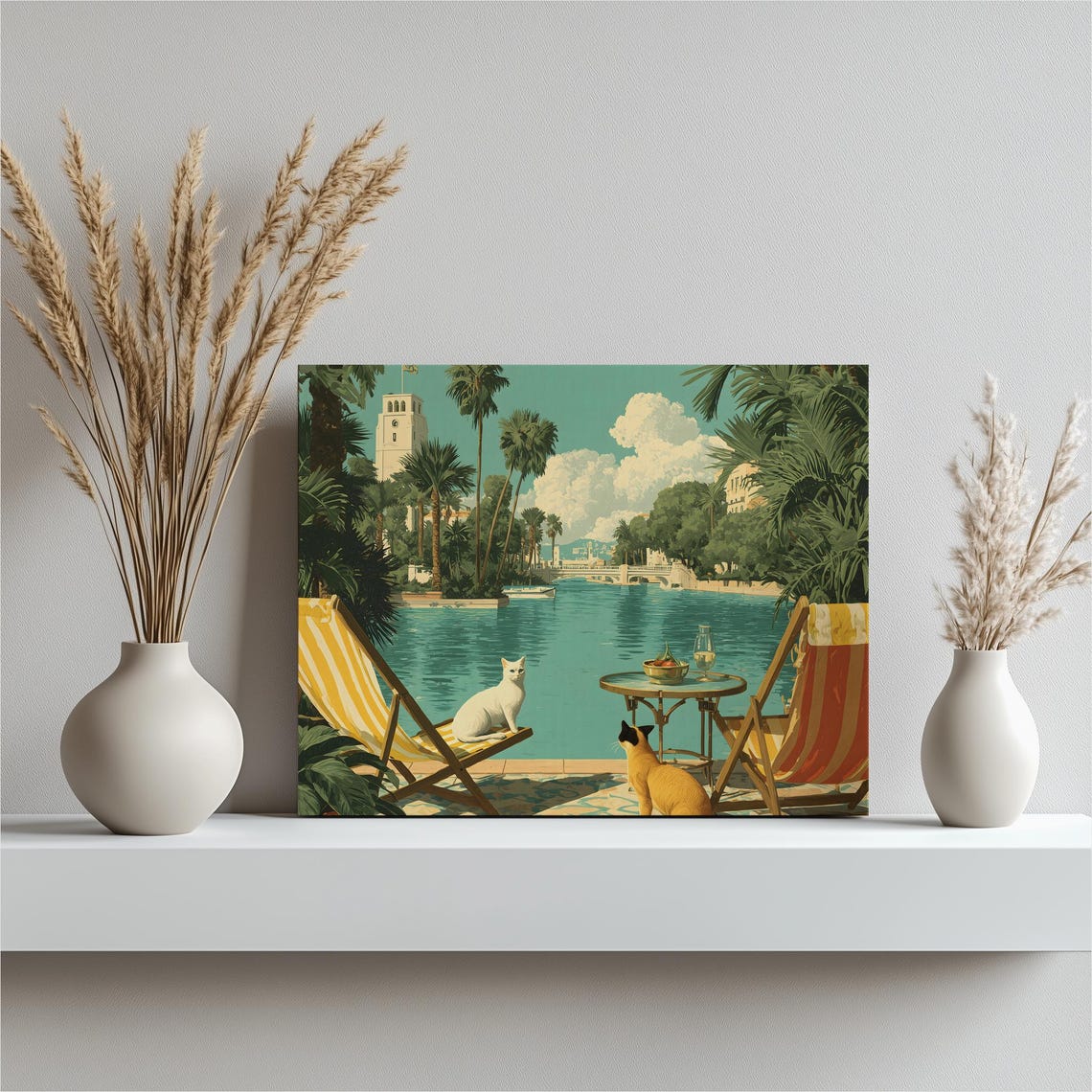 Tropical Cats Poolside Turquoise Lagoon Retro Coastal Art Print