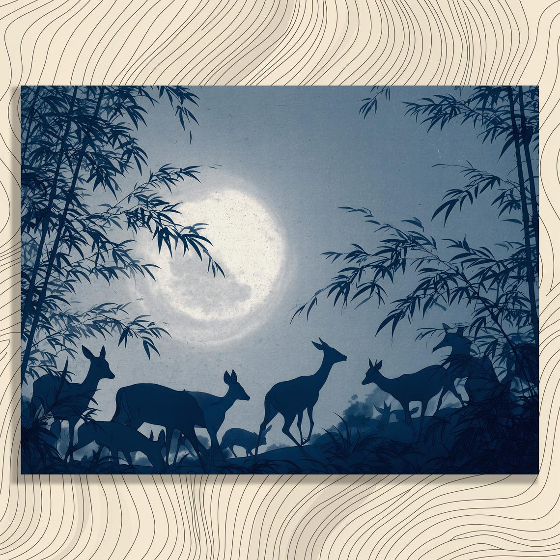 Moonlit Deer Herd Bamboo Forest Blue Winter Silhouette Poster