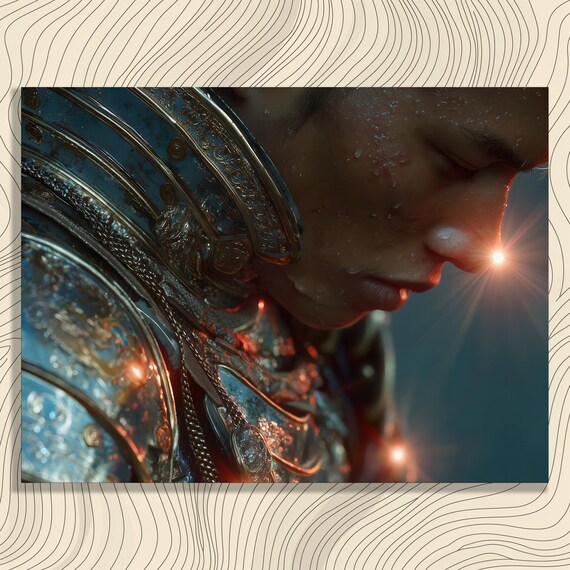 Armored Warrior Cinematic Portrait Glowing Light Fantasy Battle Art Poster