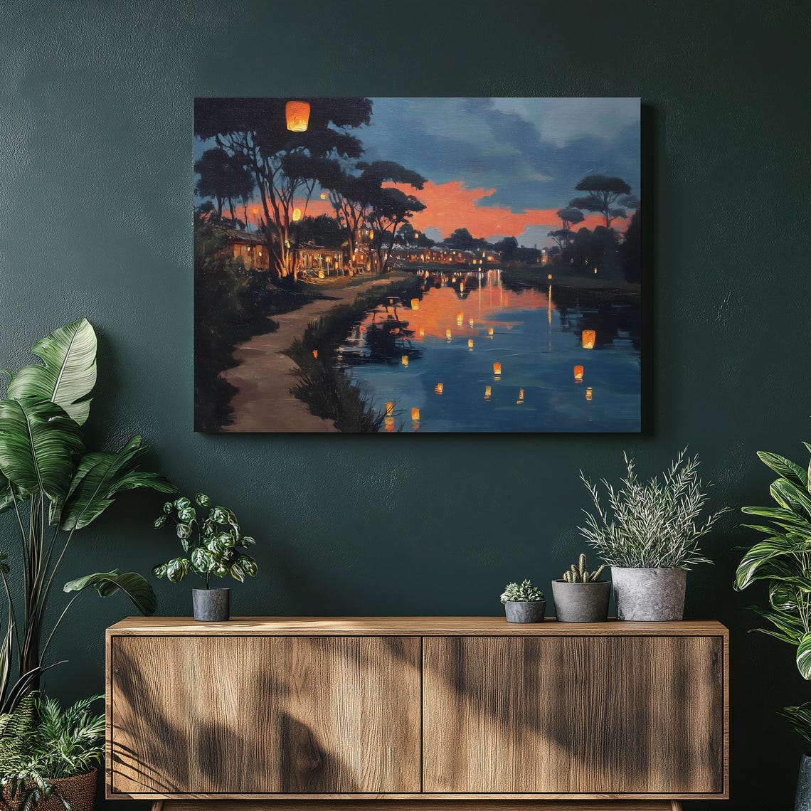 Floating Lantern River Twilight Riverside Sunset Landscape Art Poster