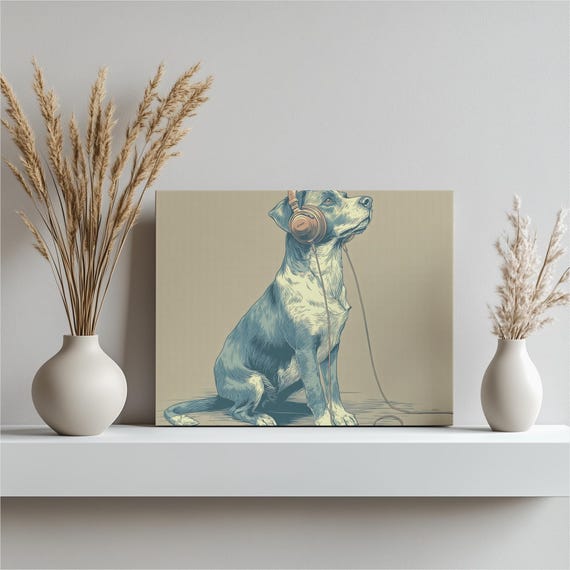 Retro Dog Headphones Canvas Wall Art Minimalist Line Drawing Music Artwork Animal Portrait Midcentury Modern Gift For Lovers Decor