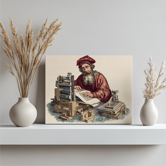 Johannes Gutenberg Vintage Printing Press Renaissance Letterpress Art Poster