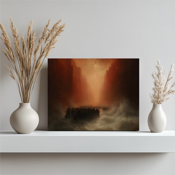Red Sea Exodus Canvas Wall Art Dramatic Moody Landscape Painting With Moses In Stormy Canyon Waters Romantic Style Christian Decor