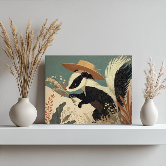 Skunk Canvas Wall Art Straw Hat Minimalist Wildlife Print Modern Folk Nature Decor Dried Flower Bouquet Forest Painting Gift