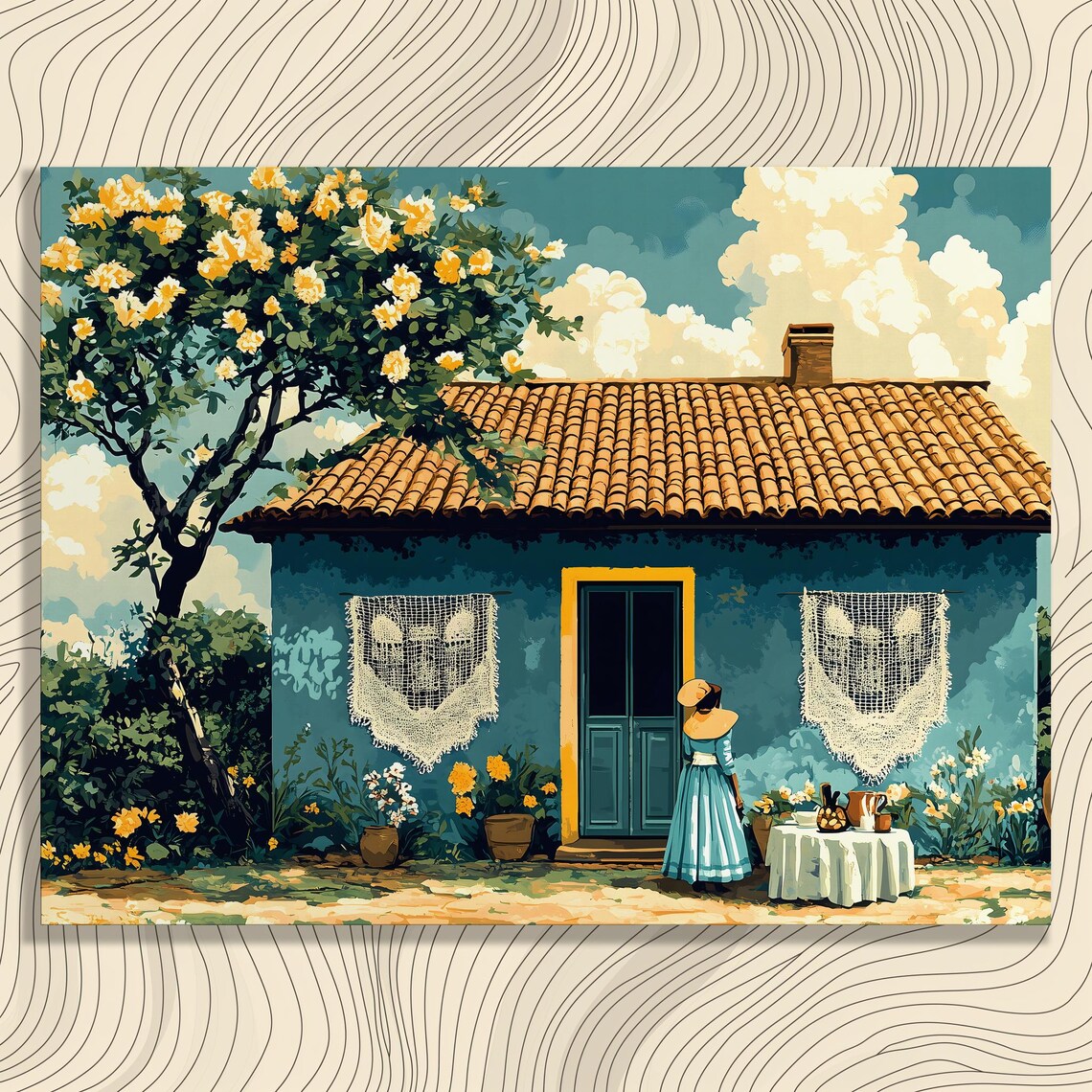 Terracotta Roof Cottage Teal Walls Yellow Door Garden Art Poster