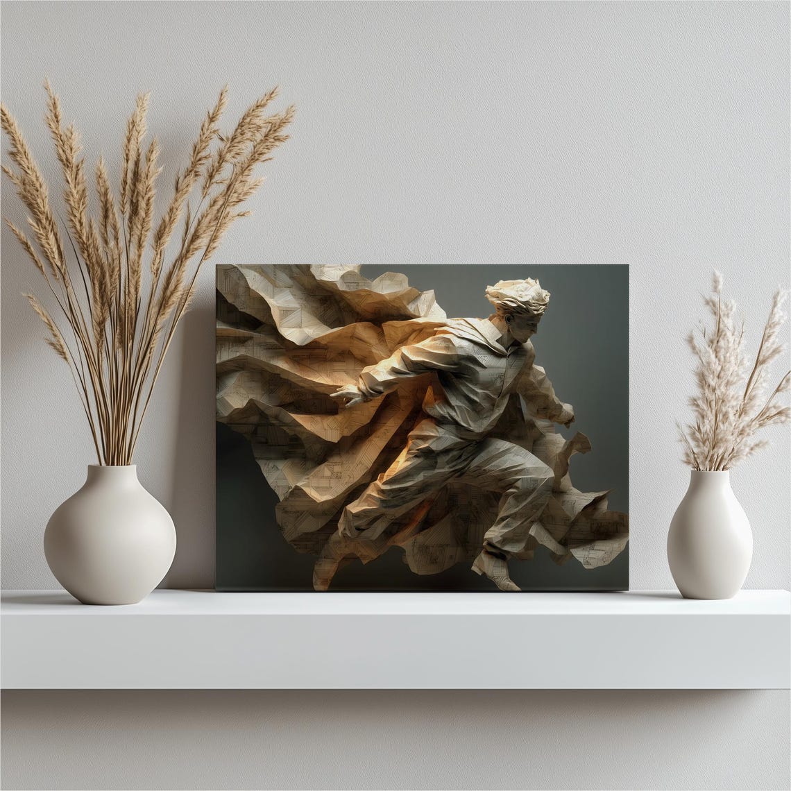 Origami Paper Figure Surreal Runner Flowing Cape Motion Canvas Poster
