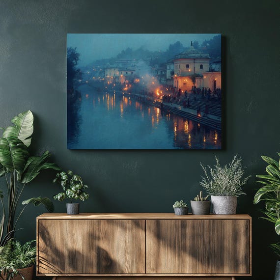 Dusk River Ghats Canvas Wall Art Impressionist Print Of Glowing Oil Lamps Water Reflection Painting Colorful Cultural Decor