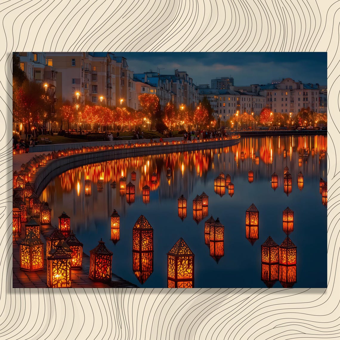Floating Lanterns River Night City Lights Urban Nightscape Poster