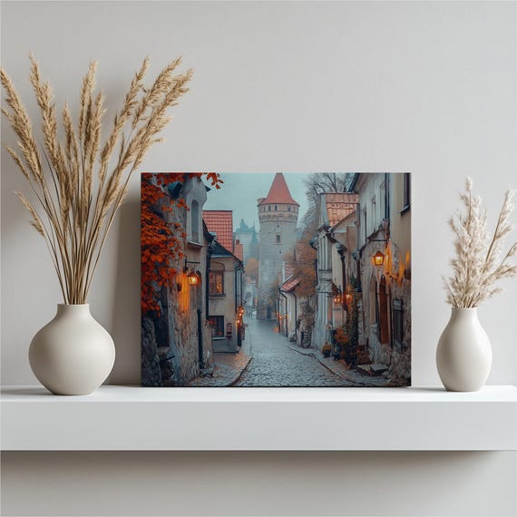 Old Town Tallinn Estonia Canvas Wall Art Medieval Cobblestone Street With Lantern Glow At Dusk Autumn Foliage Print For Home Decor