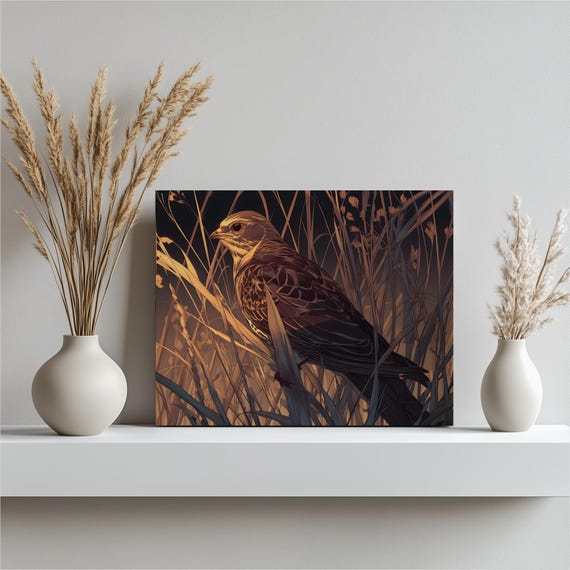 Golden Meadow Songbird Canvas Wall Art Modern Wildlife Print Sunset Nature Decor Tall Grasses Illustration Grassland Lark Artwork