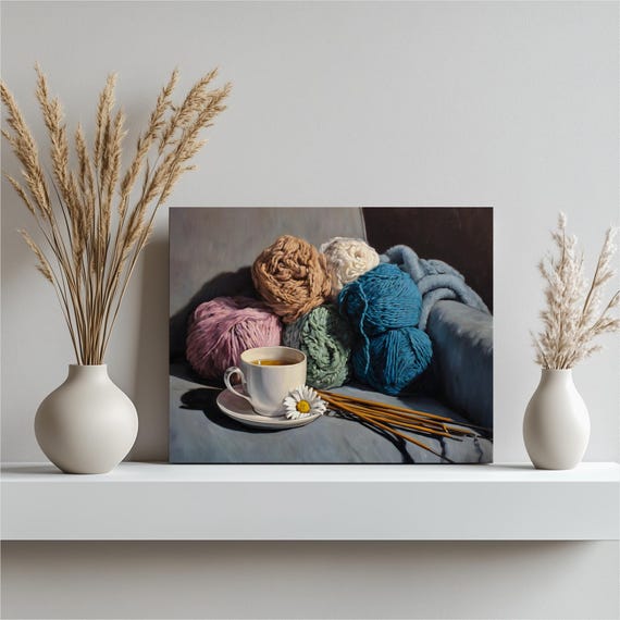 Cozy Yarn Canvas Wall Art Knitting Decor Tea Cup Daisy Flower Print Fiber Hanging Gift Lover Home Cottage