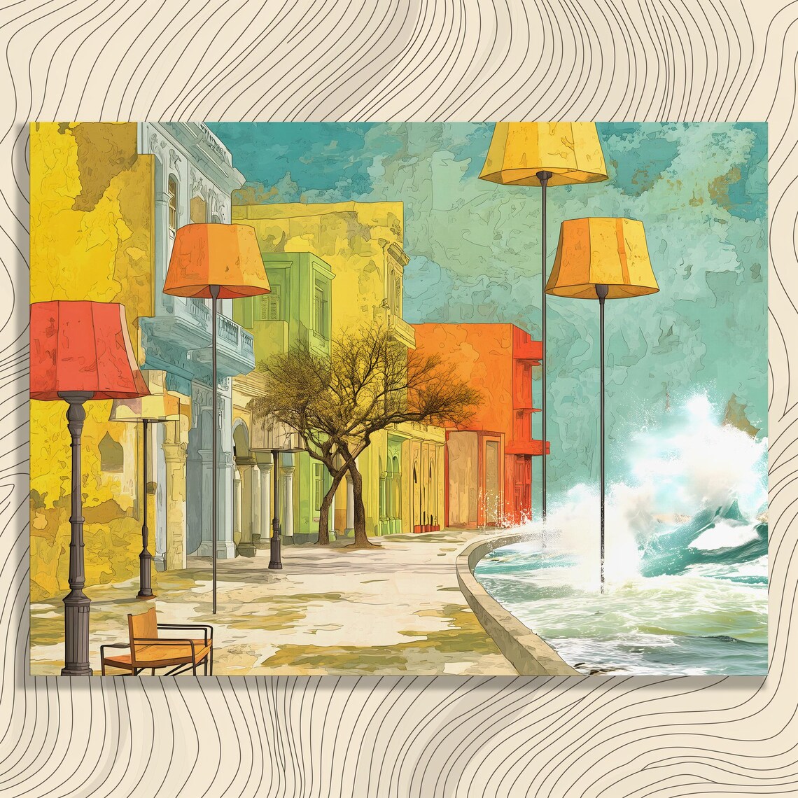 Surreal Coastal Street Giant Lampshades Colorful Seaside City Poster