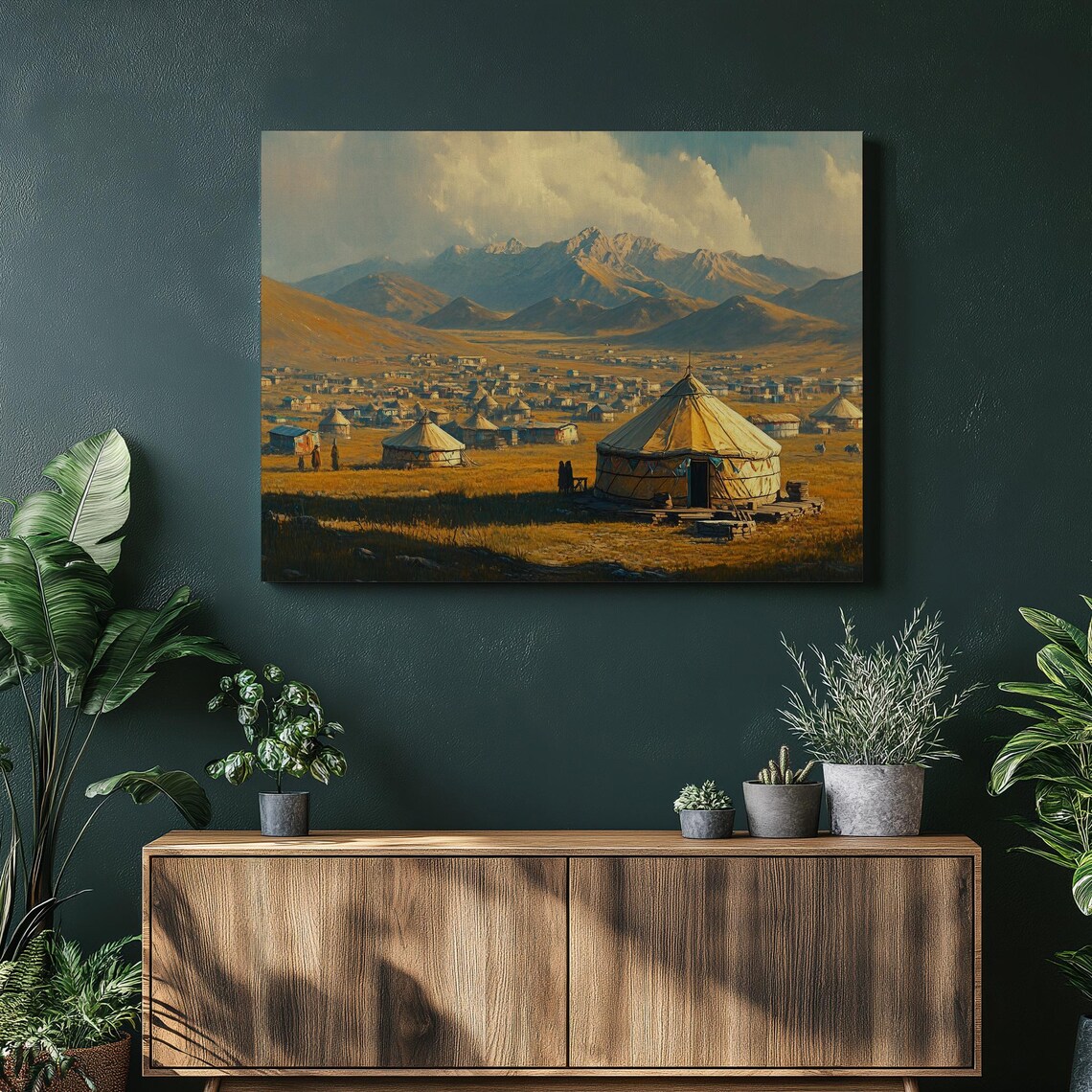 Mongolian Yurt Golden Steppe Mountain Nomad Village Scenic Print