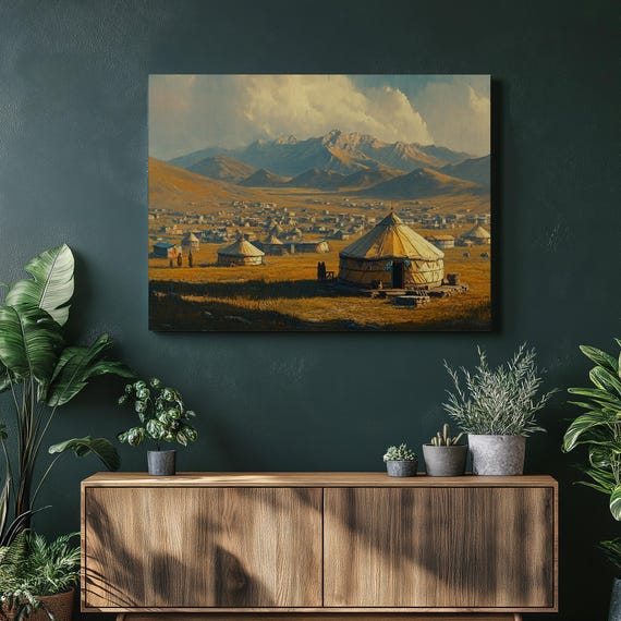 Mongolian Yurts Landscape Painting Countryside View Grassland Art Mountain Scene Wall Decor Nature Rustic Home
