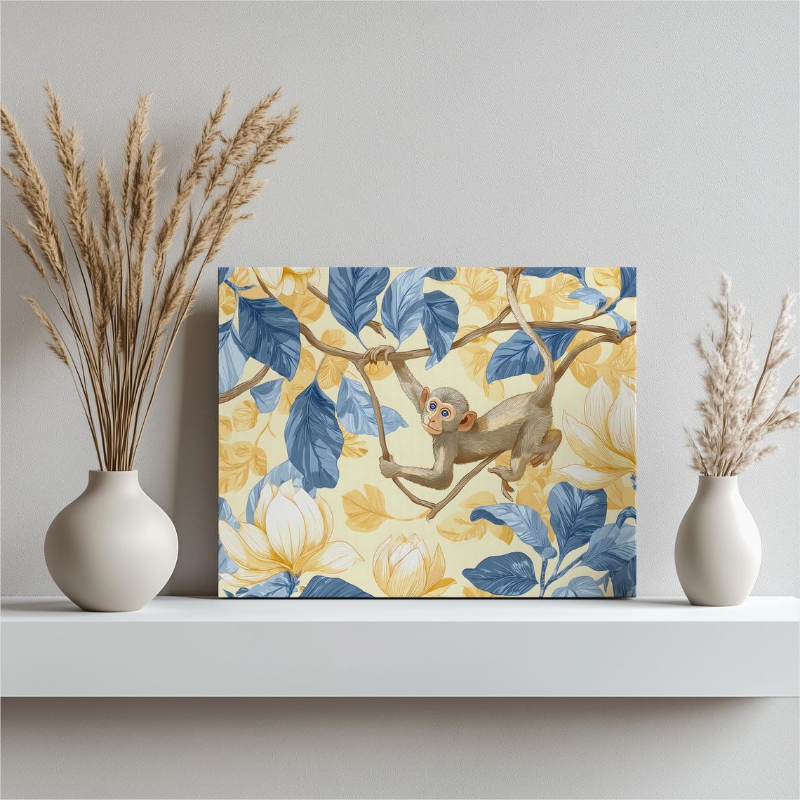Playful Baby Monkey Blue Yellow Jungle Botanical Kids Poster
