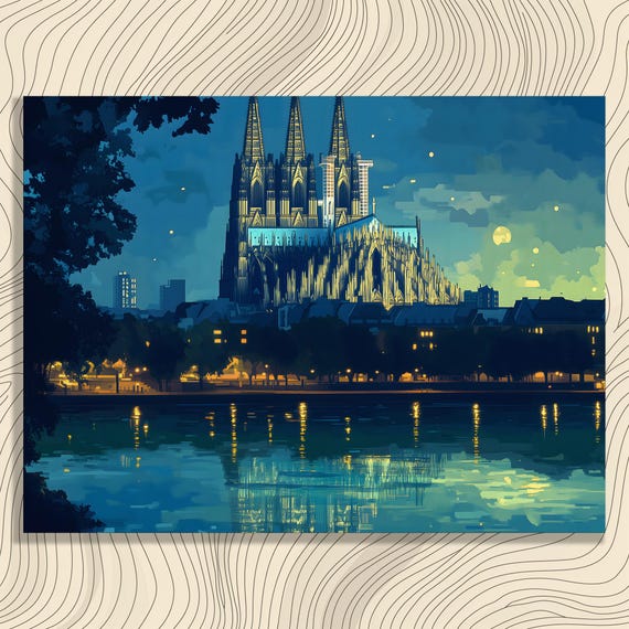 Serene Cathedral Night Canvas Wall Art Starry Sky Reflection River Cityscape Gothic Architecture Modern Decor Print Gift Home