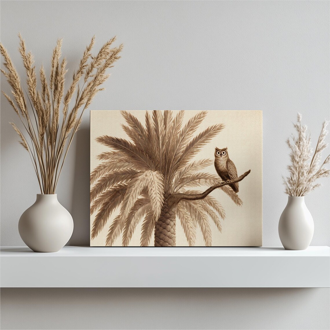 Owl on Palm Branch Sepia Vintage Botanical Engraving Art Poster