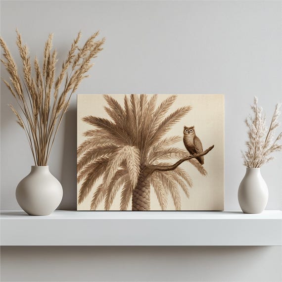 Tropical Owl Palm Canvas Wall Art Vintage Botanical Print Nature Decor Sepia Illustration Wildlife Painting Tree Engraving Gift