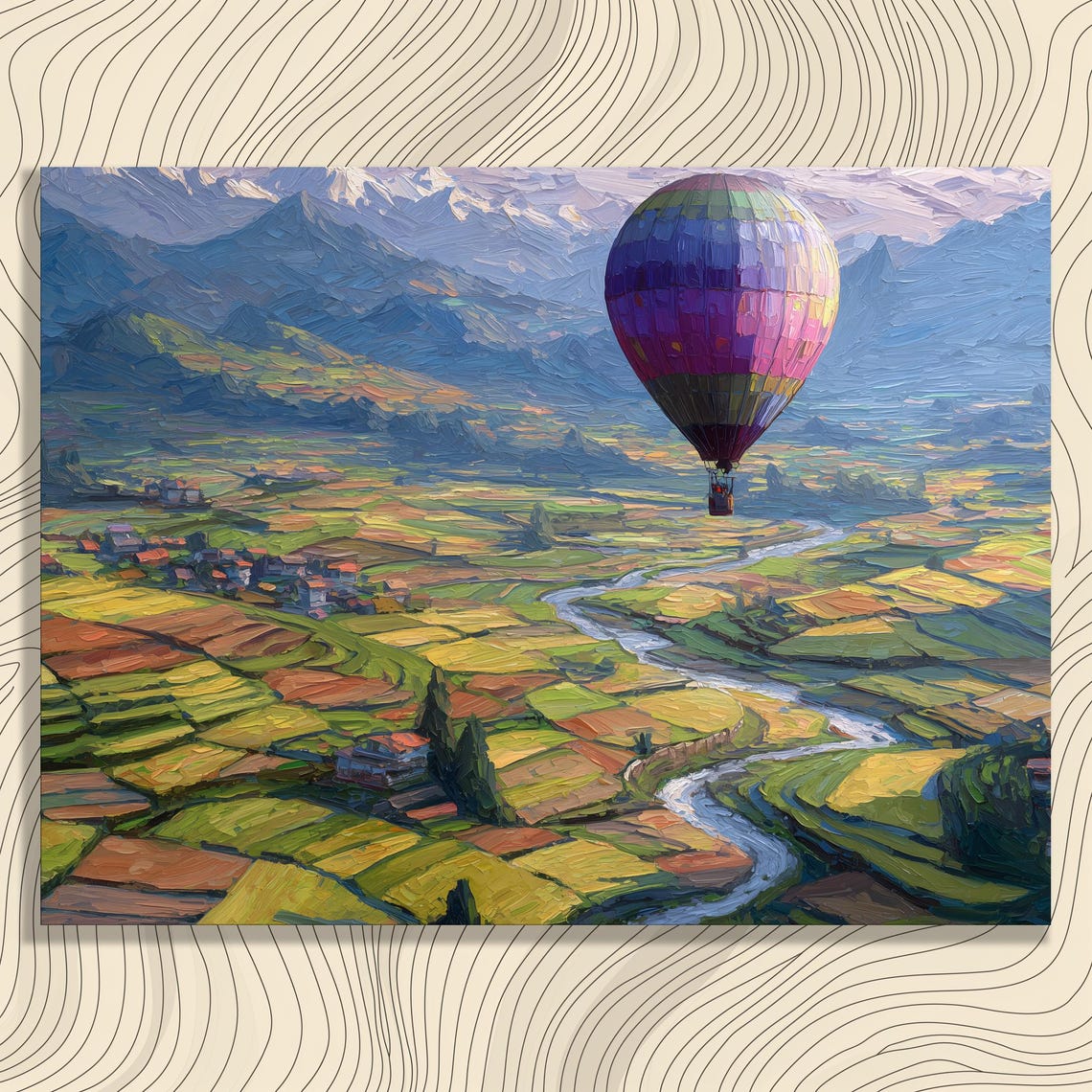 Colorful Hot Air Balloon Mountain Valley Oil Painting Poster