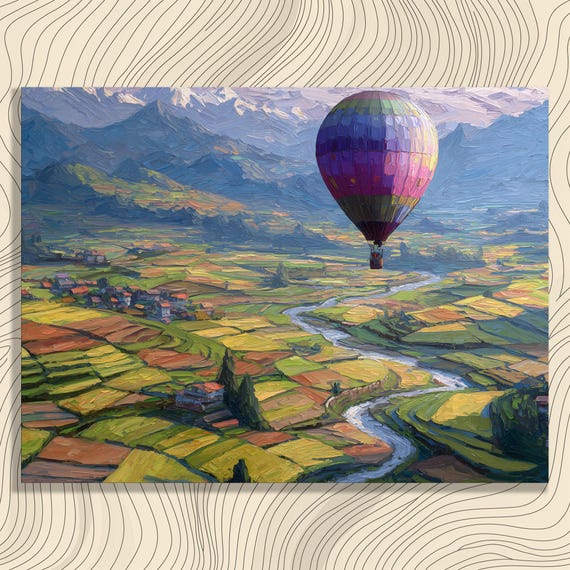 Colorful Hot Air Balloon Canvas Wall Art Mountain Landscape Print River Valley Painting Countryside Decor Rustic Farmhouse Gift