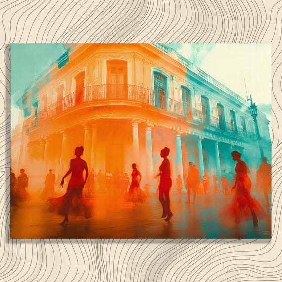 Vibrant Dancers Canvas Wall Art Modern Urban Impressionism Scene Painting Print Decor Gift Historical Building Architecture Silhouette