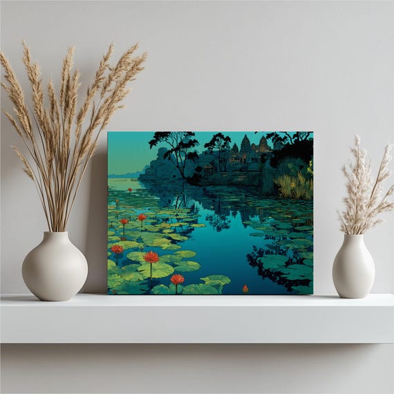 Angkor Wat Canvas Wall Art Sunrise Temple Silhouette With Pond Reflection Serene Cambodia Landscape Blue Green Illustration Print