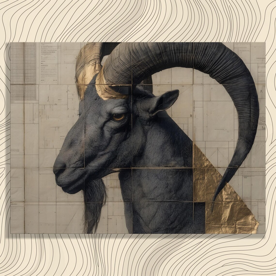 Goat Horn Portrait Black Ink Gold Foil Mixed Media Art Poster