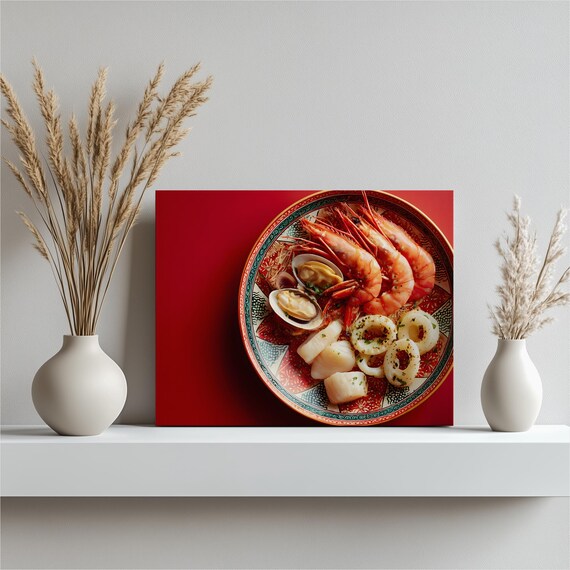 Seafood Platter Shrimp Clams Squid Bold Red Gourmet Food Art Poster