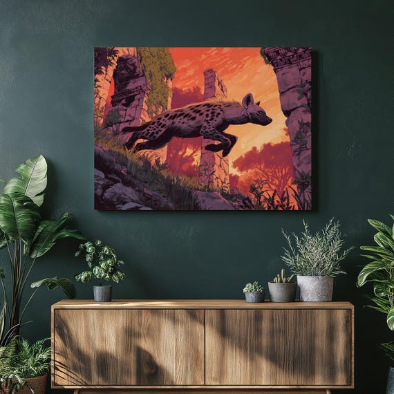 Leaping Hyena Canvas Wall Art Sunset Wildlife Illustration African Safari Animal Print Nature Decor Colorful Ruins Landscape