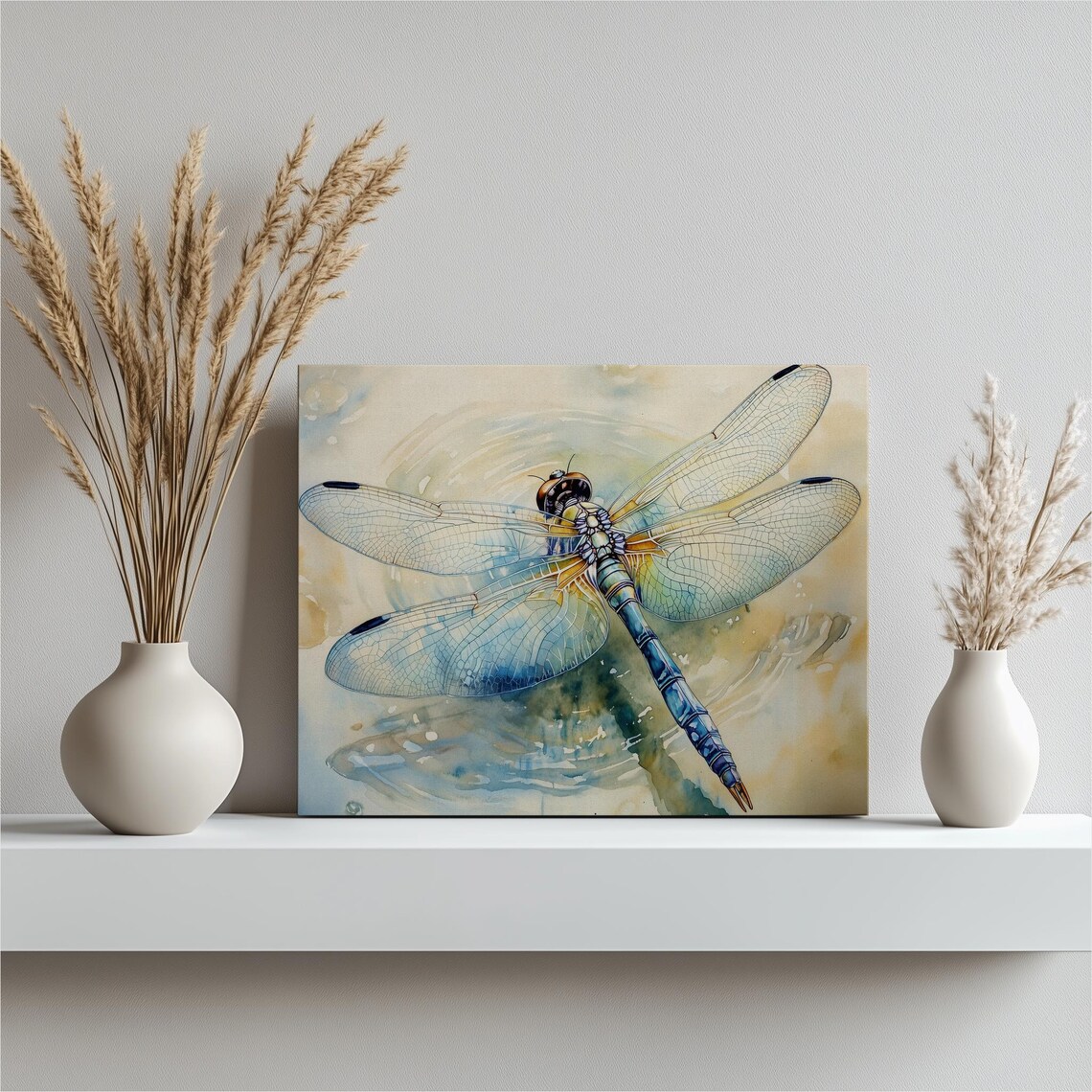 Blue Dragonfly Over Rippling Water Soft Watercolor Art Poster