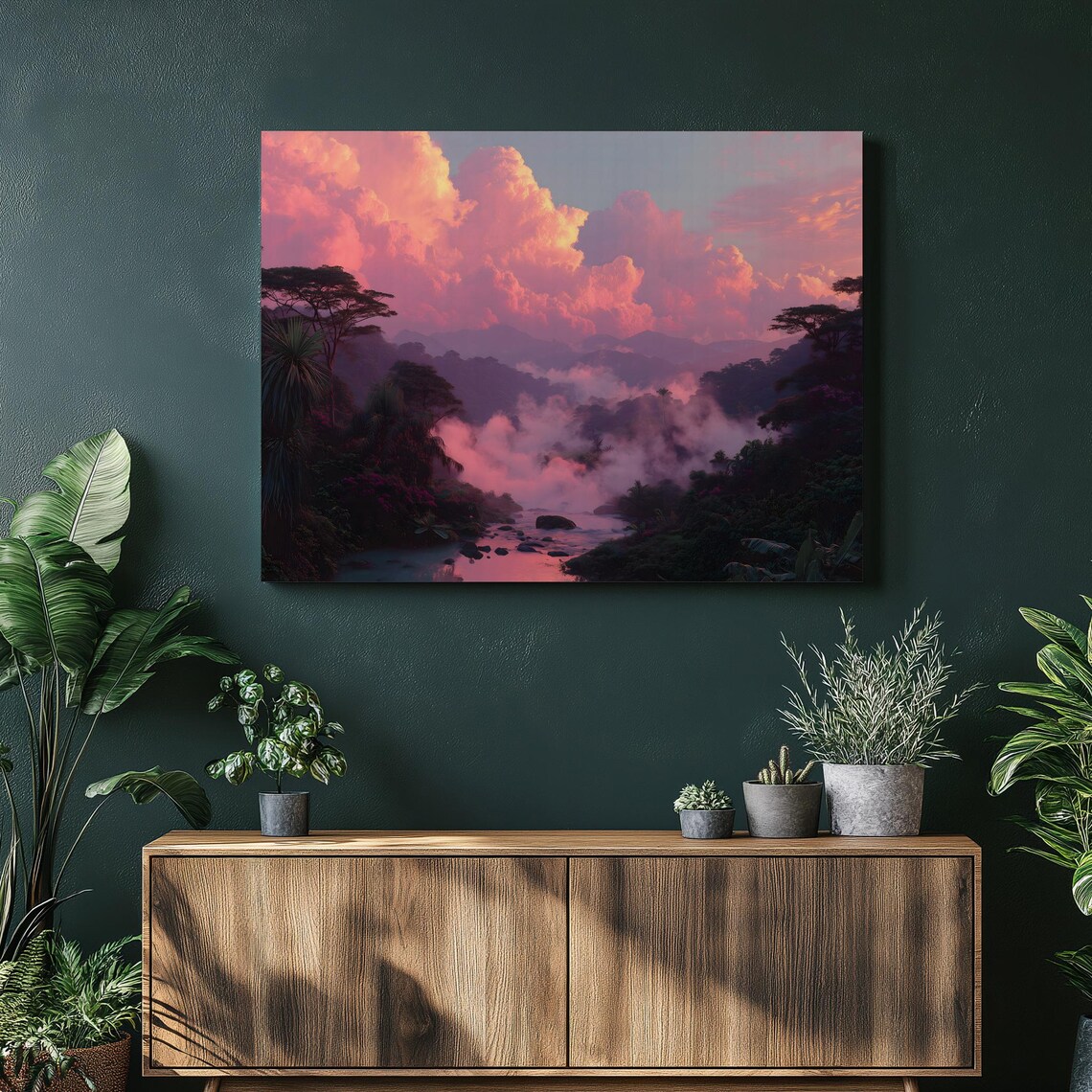 Pink Clouds Misty River Jungle Sunset Tropical Dream Art Poster
