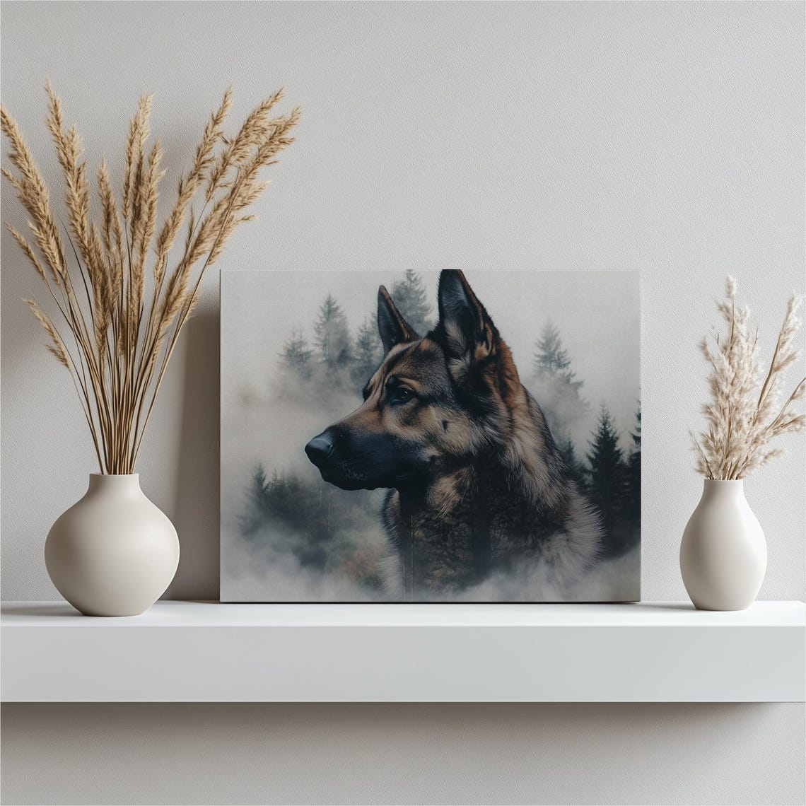 German Shepherd Dog Portrait Misty Forest Double Exposure Wall Art