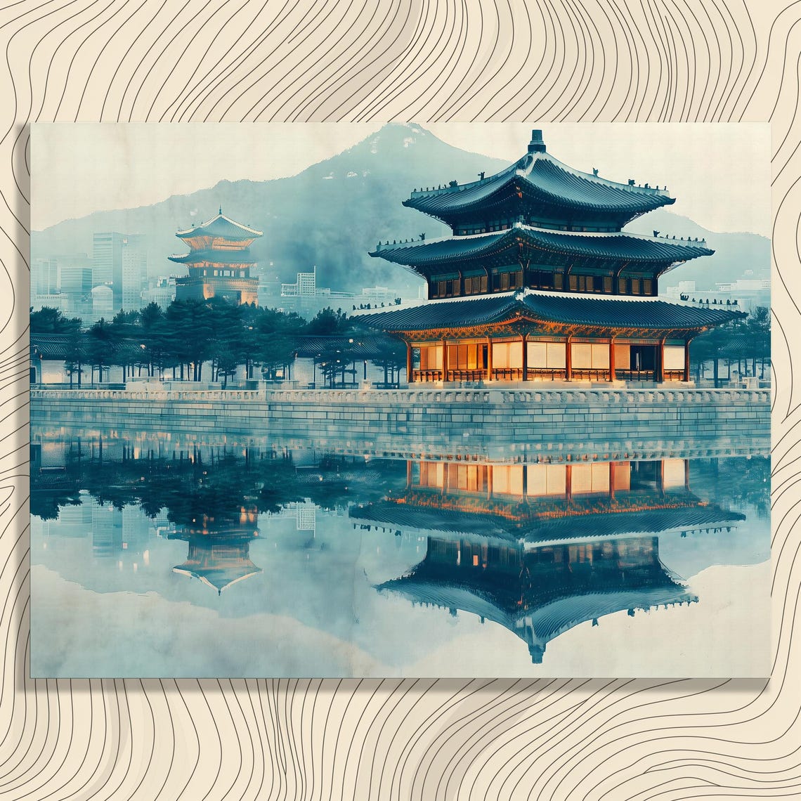 Korean Palace Pavilion Reflecting in Still Water at Dusk Art Poster