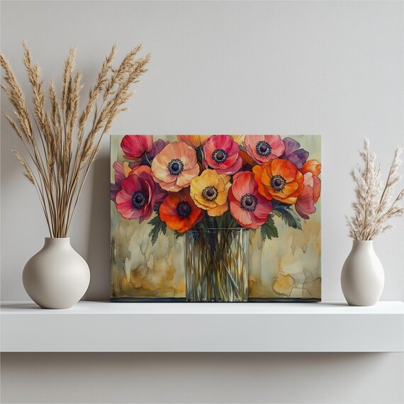 Vibrant Anemone Flower Bouquet Watercolor Glass Vase Painting Poster