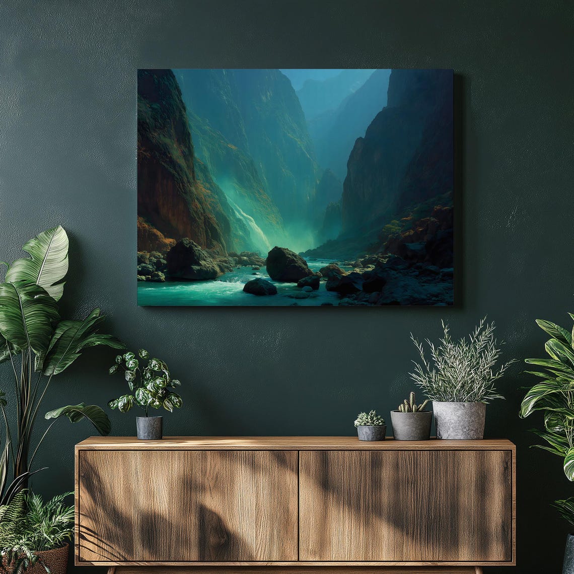Dreamy Teal Canyon River Misty Mountain Waterfall Landscape Poster